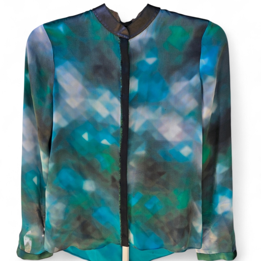 ​Elie‎ Tahari 100% Silk Blouse Lamb Leather Trim Teal Blue Abstract Print Top